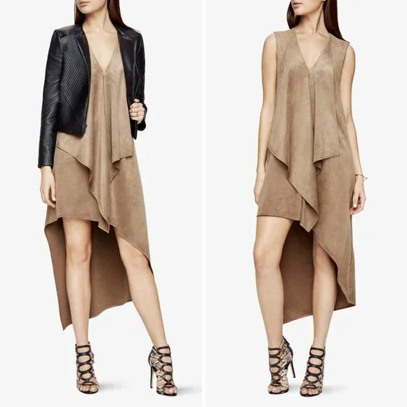 BCBGMAXAZRIA Trar Faux-Suede V-Neck Sleeveless Asymmetrical Women's Dress - Picture 1 of 12
